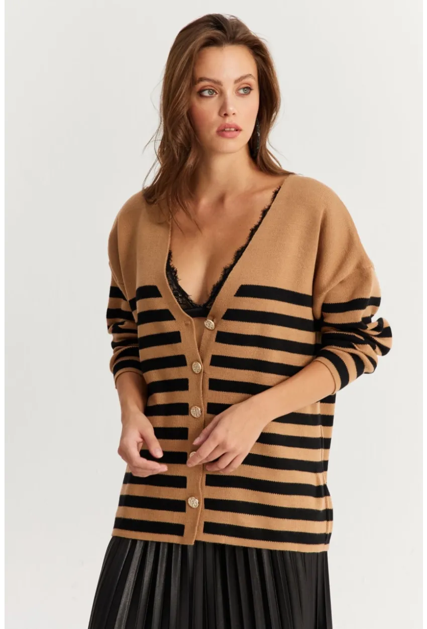 Kadın Camel-Siyah Çizgili Triko Hırka CNG3