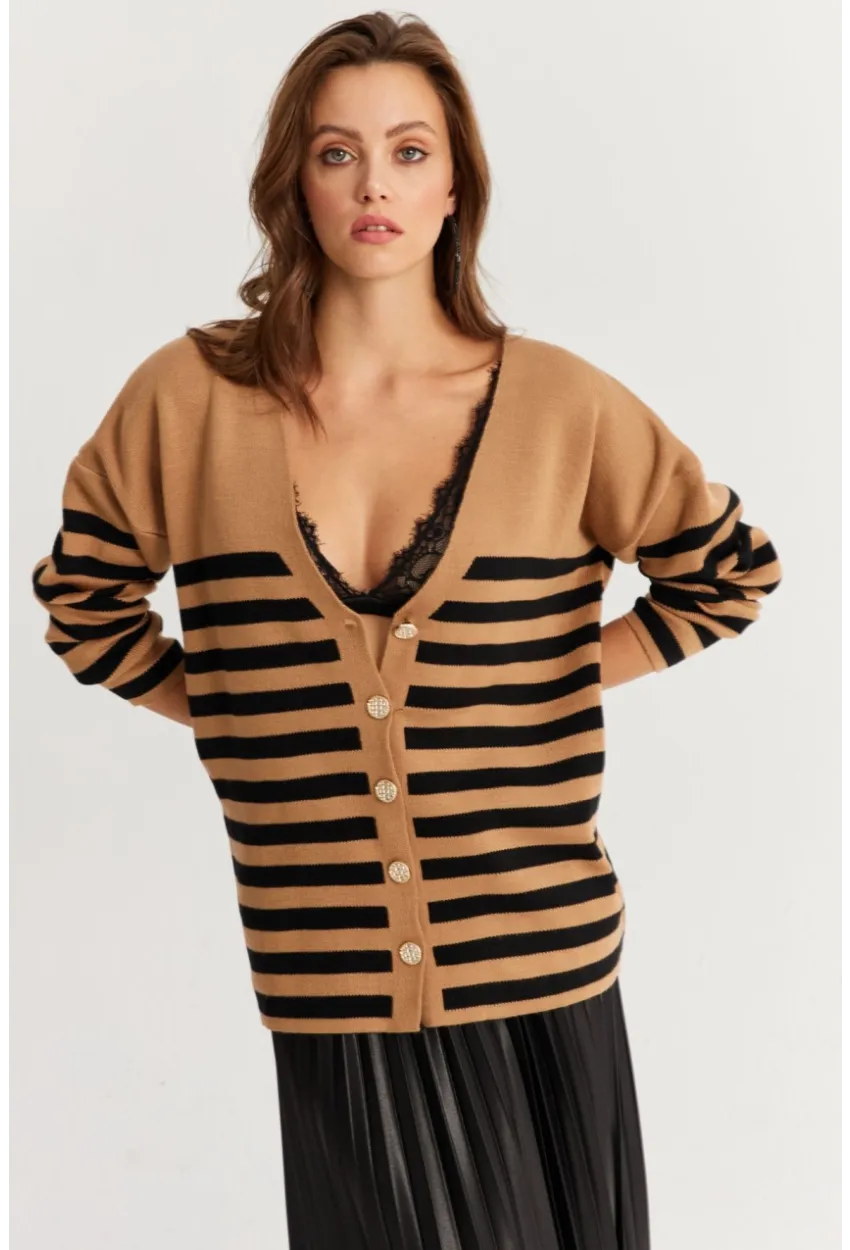 Kadın Camel-Siyah Çizgili Triko Hırka CNG3