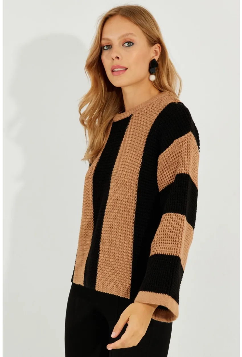 Kadın Camel-Siyah Çizgili Triko Kazak SF2507