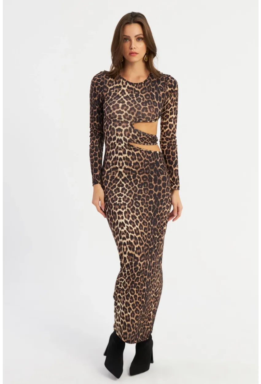 Kadın Camel-Siyah Dekolteli Leopar Maxi Yılbaşı Elbise LİK9