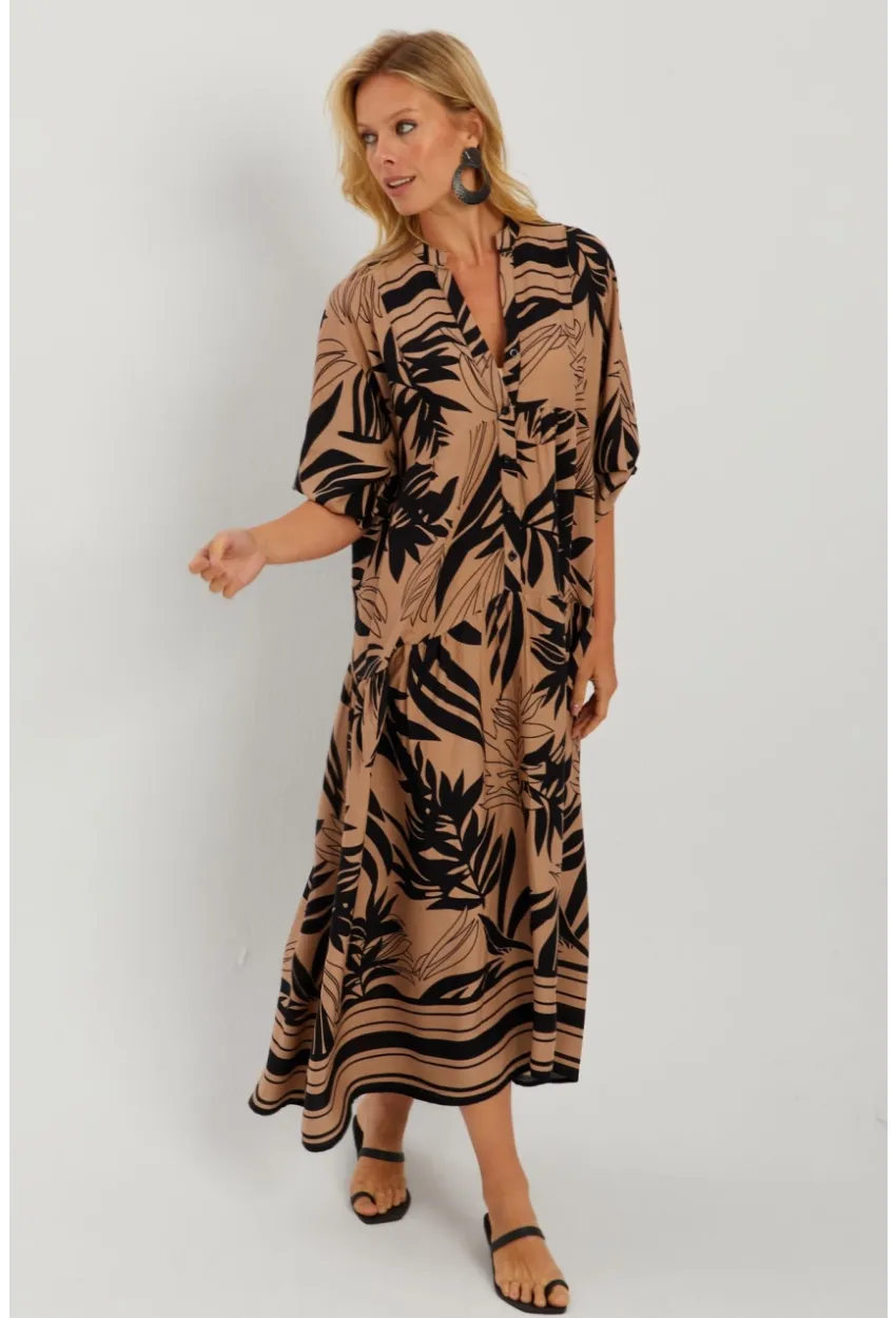 Kadın Camel-Siyah Desenli Salaş Maxi Elbise GÇ166