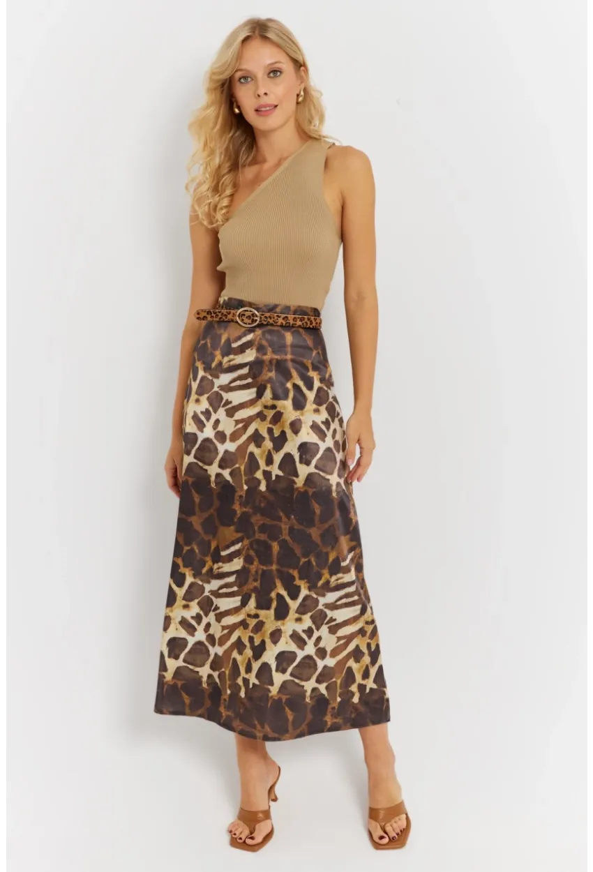 Kadın Camel-Siyah Desenli Saten Etek KED170