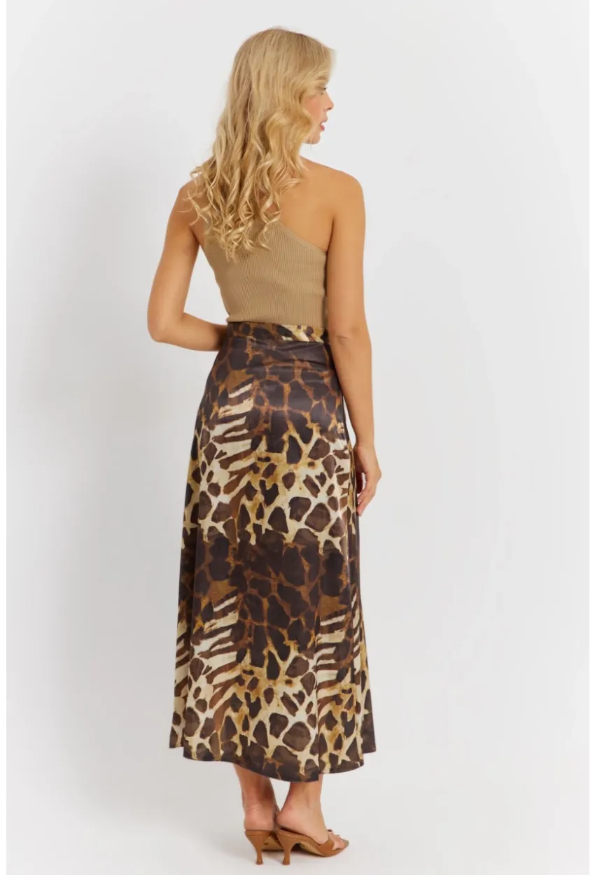 Kadın Camel-Siyah Desenli Saten Etek KED170