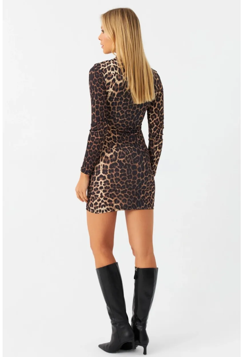 Kadın Camel-Siyah Drapeli Mini Leopar Elbise DMR386