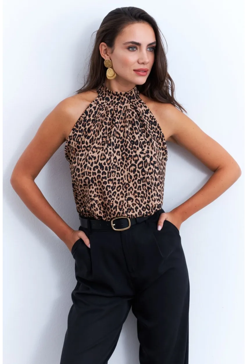 Kadın Camel-Siyah Halter Yaka LeoparDesenli Bluz LPP1273