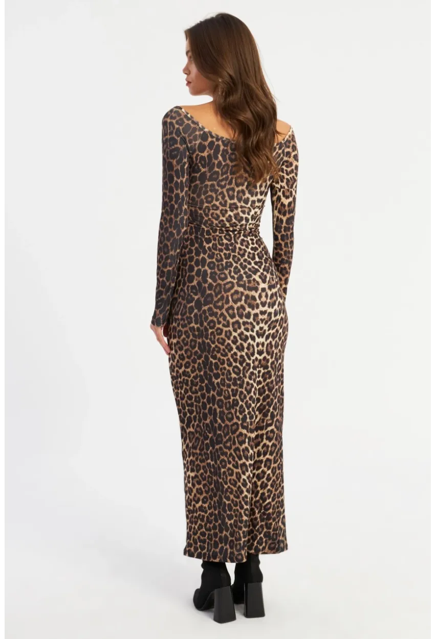 Kadın Camel-Siyah Kruvaze Leopar Maxi Elbise LİK11