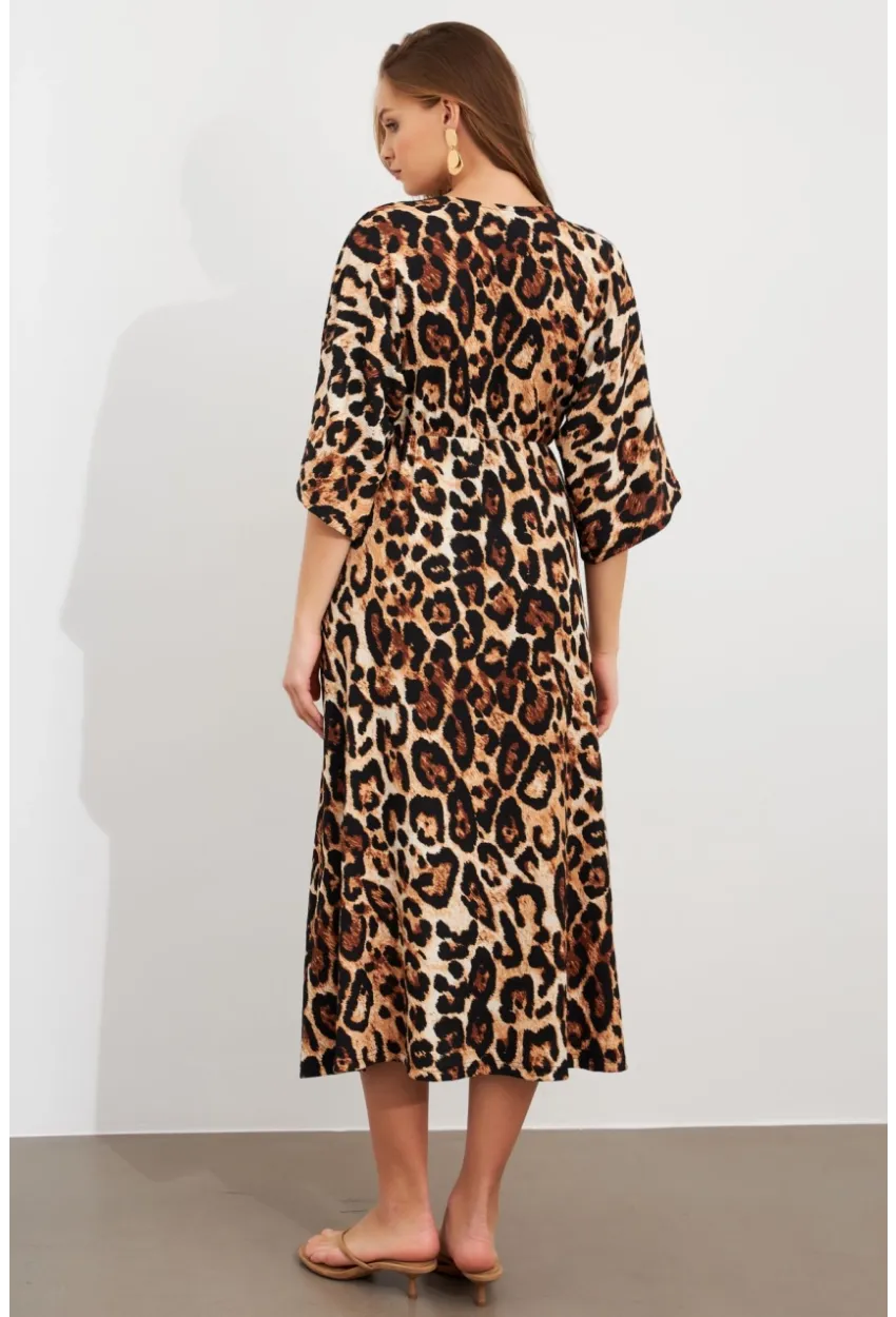 Kadın Camel-Siyah Kruvaze Leopar Midi Elbise KAB306