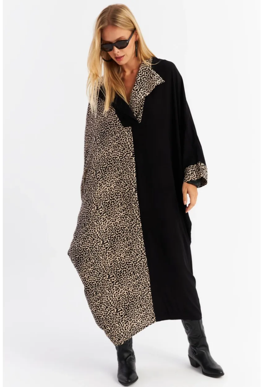 Kadın Camel-Siyah Leopar Bloklu Maxi Elbise MALO15