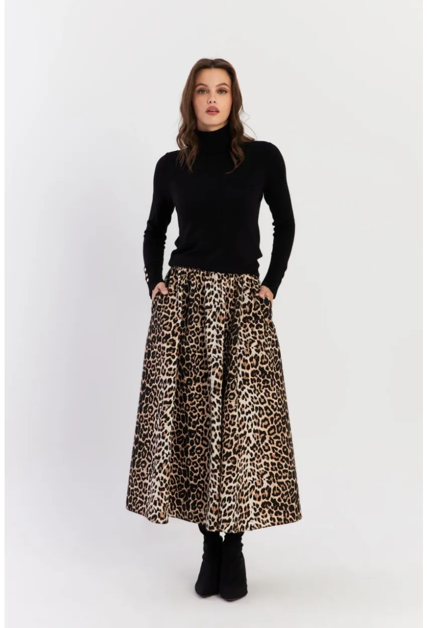 Kadın Camel-Siyah Leopar Çan Etek ELA3951