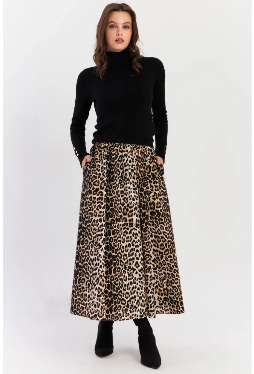 Kadın Camel-Siyah Leopar Çan Etek ELA3951