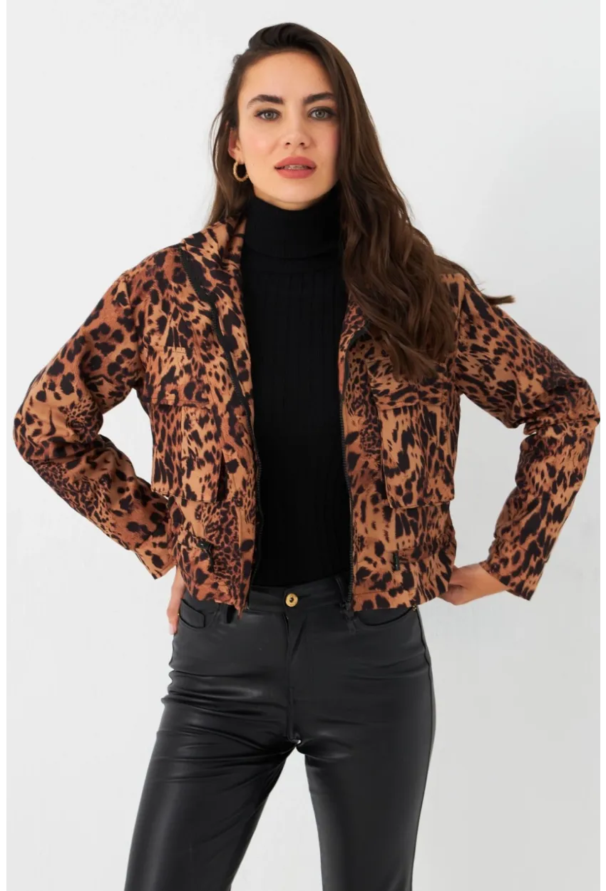 Kadın Camel-Siyah Leopar Crop Ceket ELT1001
