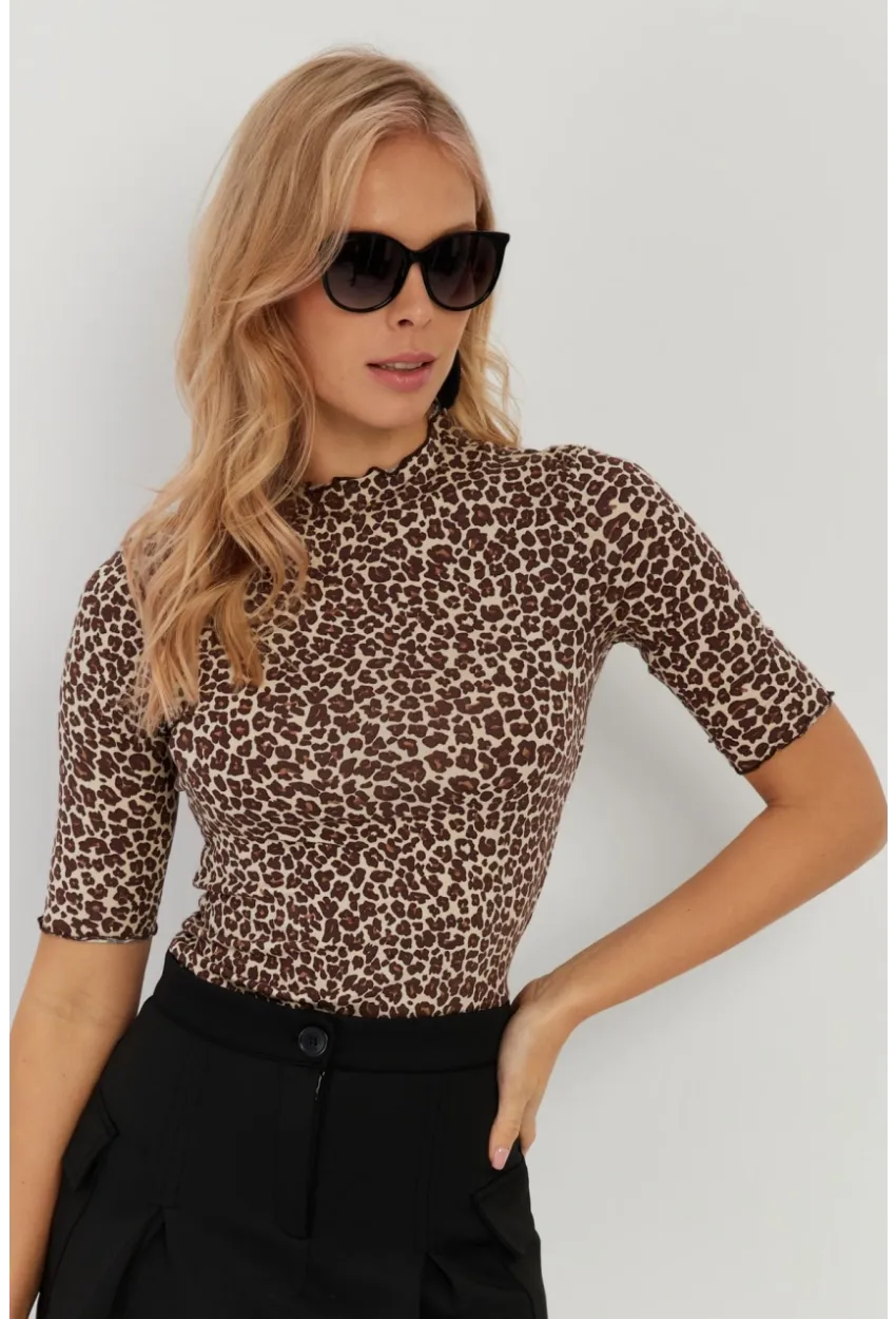 Kadın Camel-Siyah Leopar Desenli Bluz LPP1264
