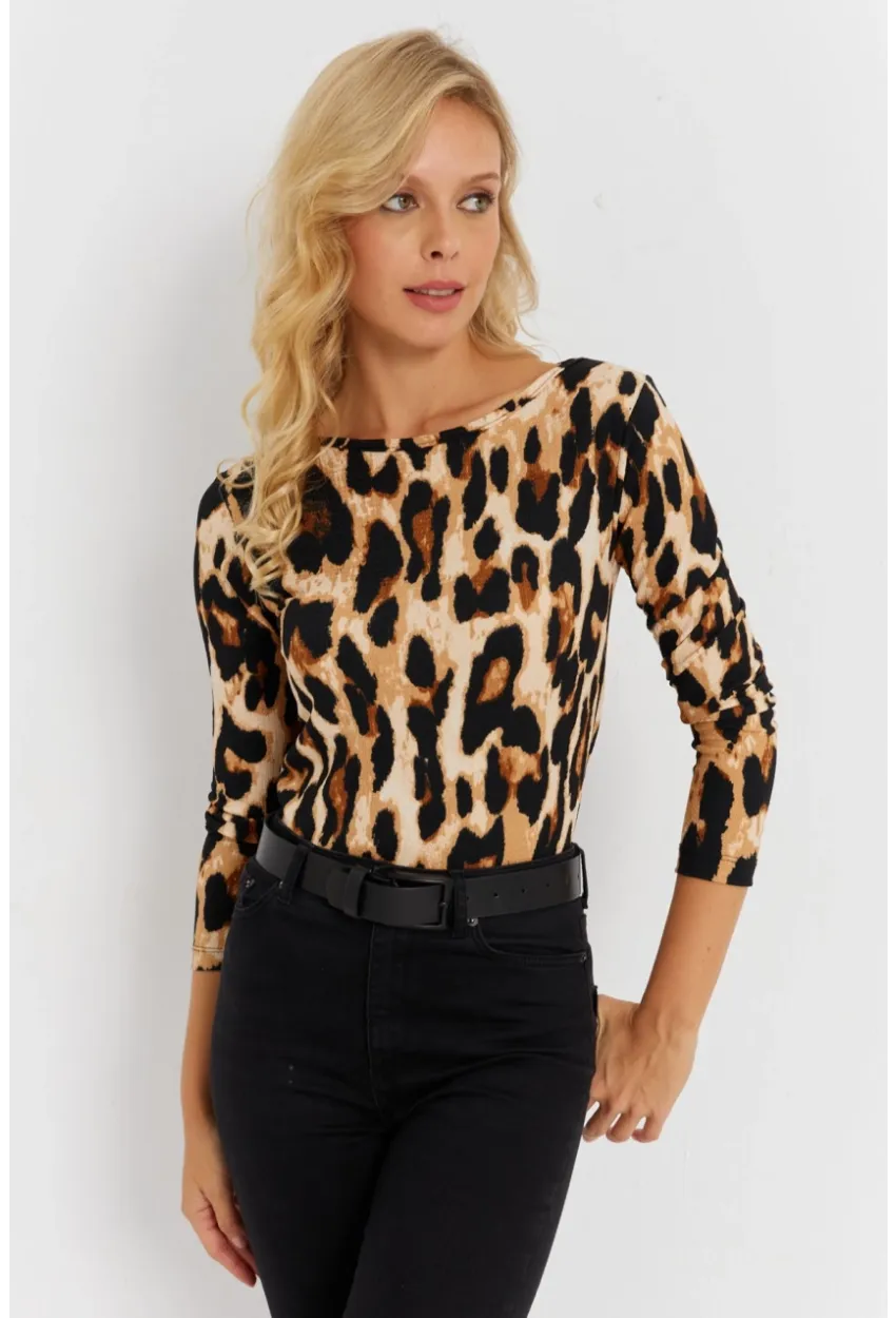 Kadın Camel-Siyah Leopar Desenli Bürümcük Bluz EY2894