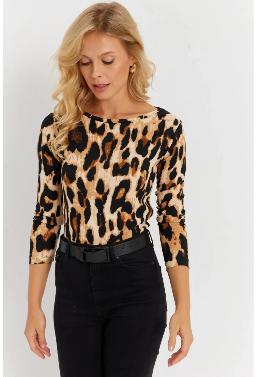 Kadın Camel-Siyah Leopar Desenli Bürümcük Bluz EY2894