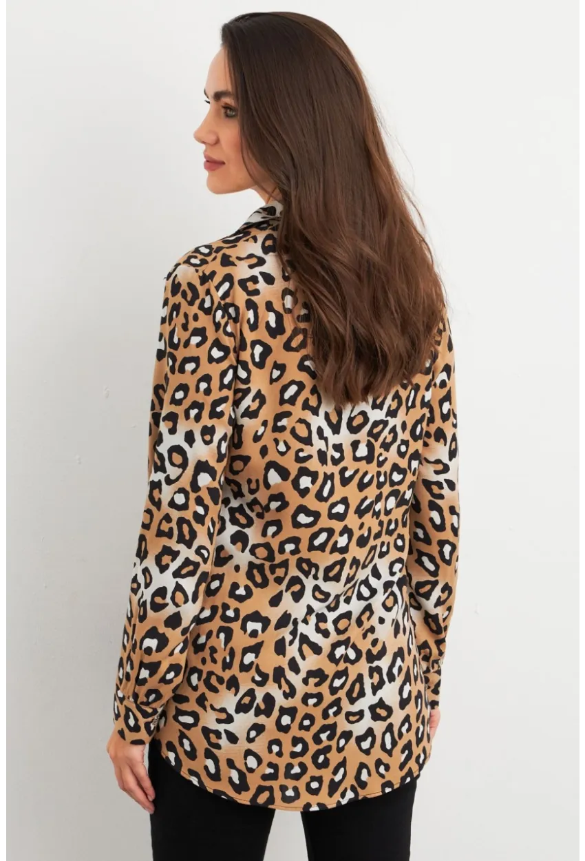 Kadın Camel-Siyah Leopar Desenli Gömlek MASF227