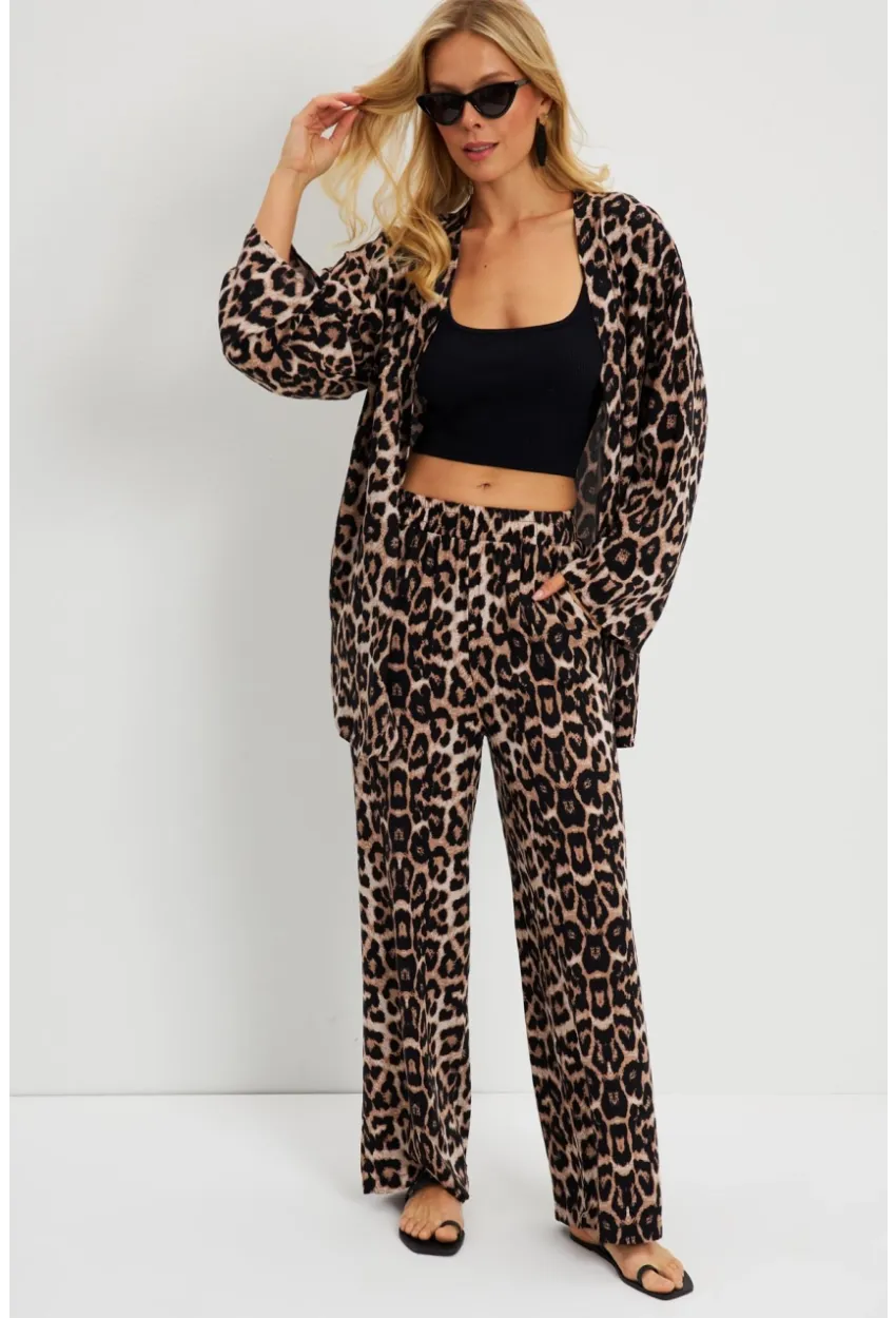 Kadın Camel-Siyah Leopar Desenli Kimono Takım GÇ163