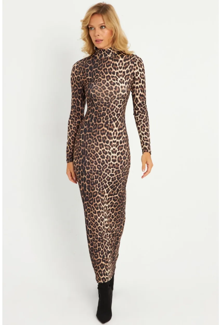 Kadın Camel-Siyah Leopar Desenli Maxi Yılbaşı Elbise LİK07
