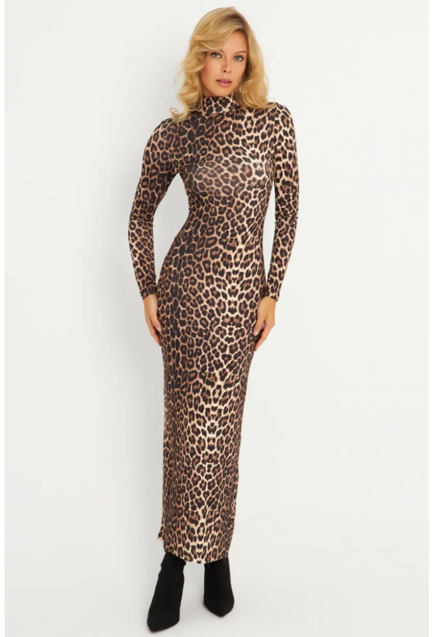 Kadın Camel-Siyah Leopar Desenli Maxi Yılbaşı Elbise LİK07