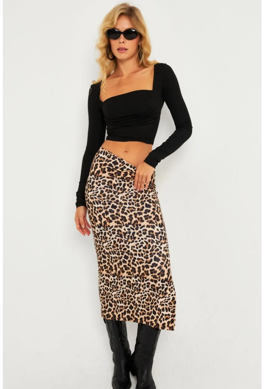Kadın Camel-Siyah Leopar Desenli Midi Etek YLE21