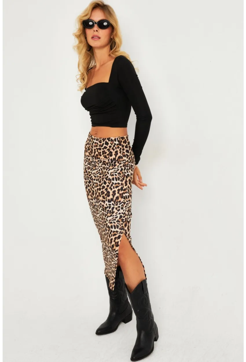 Kadın Camel-Siyah Leopar Desenli Midi Etek YLE21