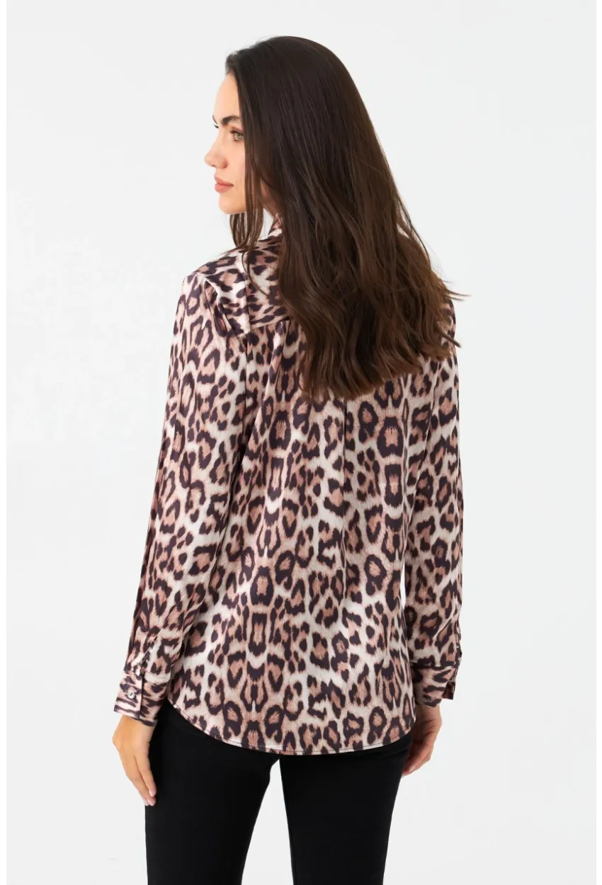 Kadın Camel-Siyah Leopar Desenli Saten Gömlek MRAD5901-1