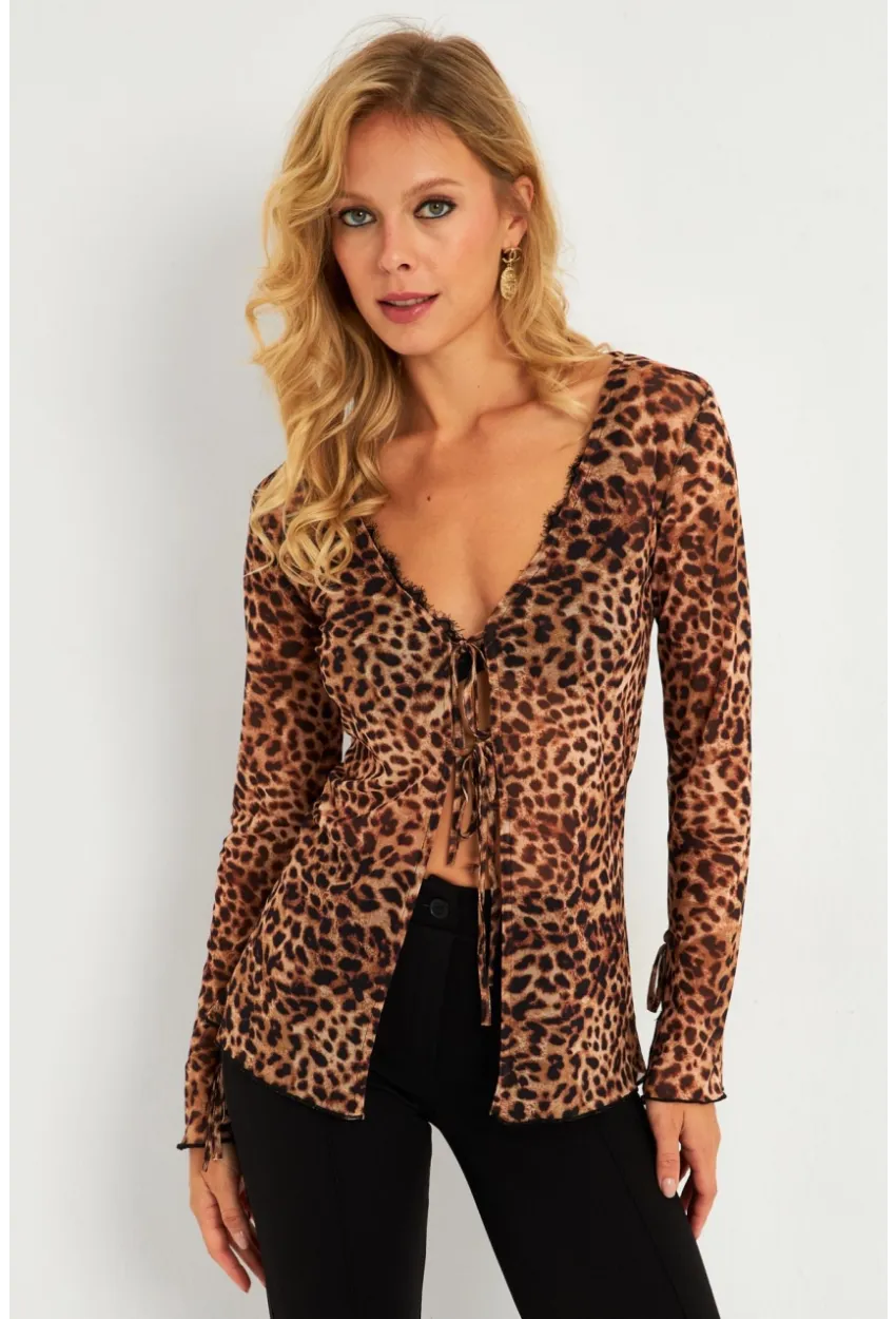 Kadın Camel-Siyah Leopar Desenli Tül  Bluz GÇ175