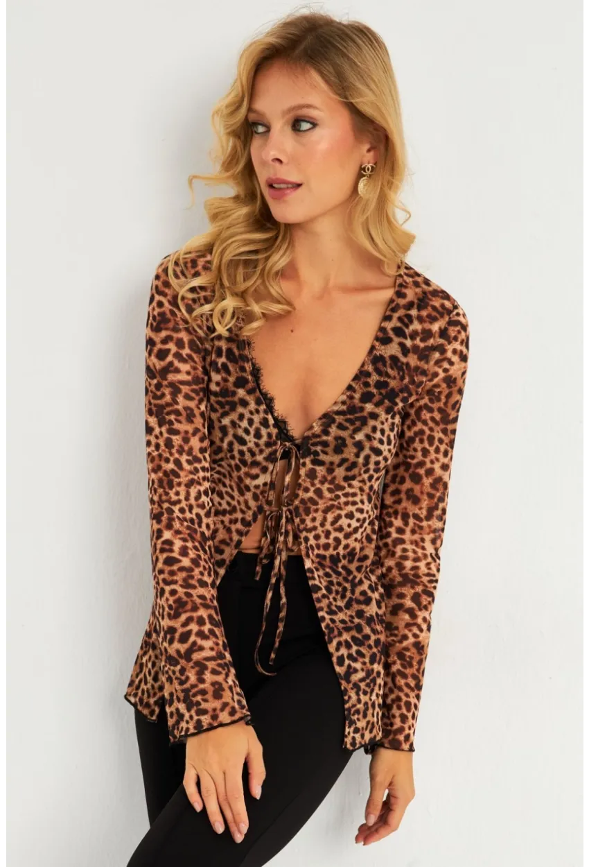 Kadın Camel-Siyah Leopar Desenli Tül  Bluz GÇ175