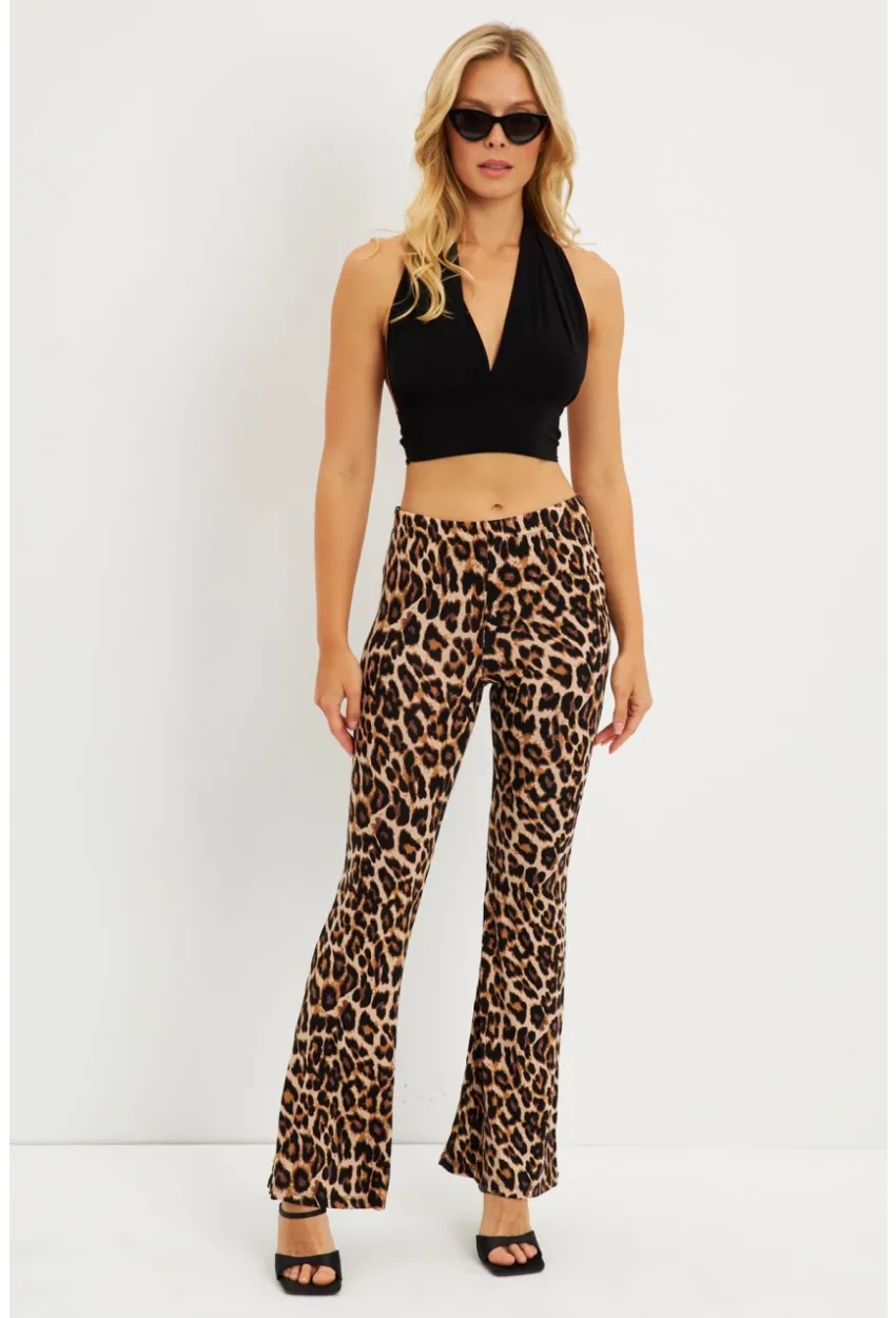 Kadın Camel-Siyah Leopar İspanyol Paça Pantolon LPP1278