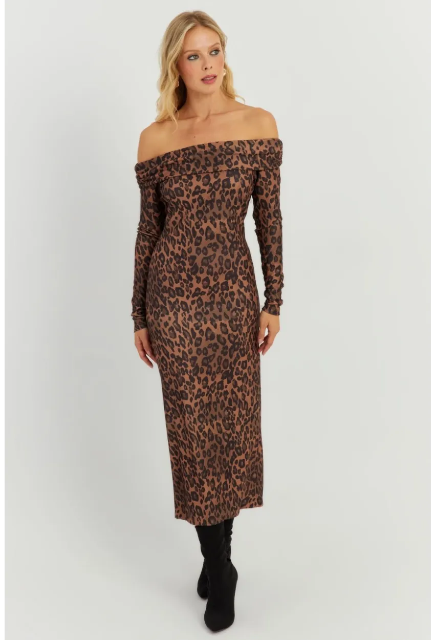 Kadın Camel-Siyah Leopar Madonna Midi Elbise RMZ21254