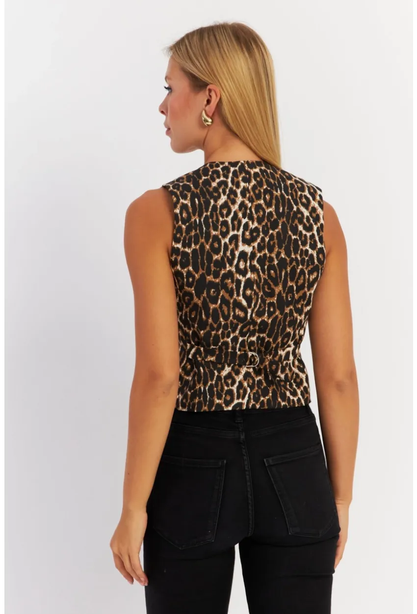 Kadın Camel-Siyah Leopar Yelek TW21