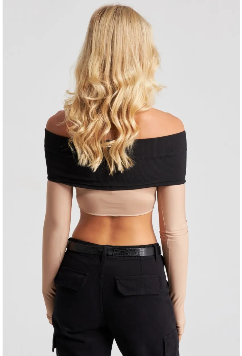 Kadın Camel-Siyah Madonna Crop Bluz CG322