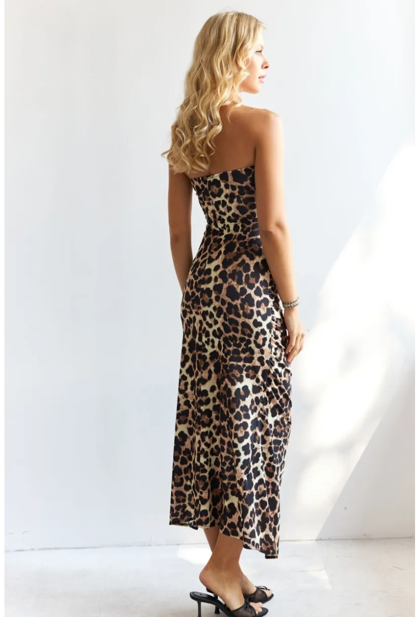 Kadın Camel-Siyah Önü Büzgülü Leopar Midi Elbise HC1591