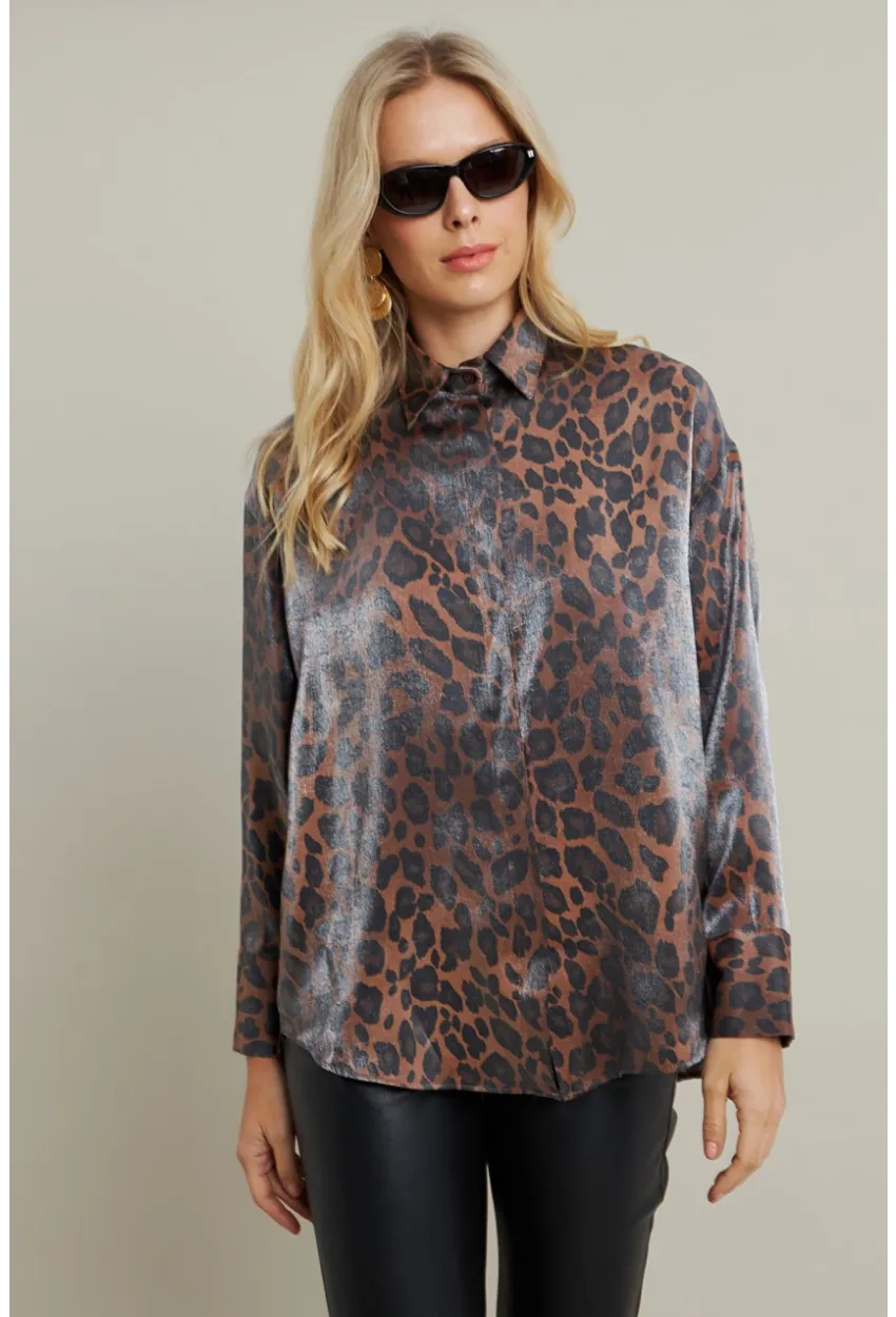 Kadın Camel-Siyah Parlak Leopar Salaş Gömlek MMİW1000