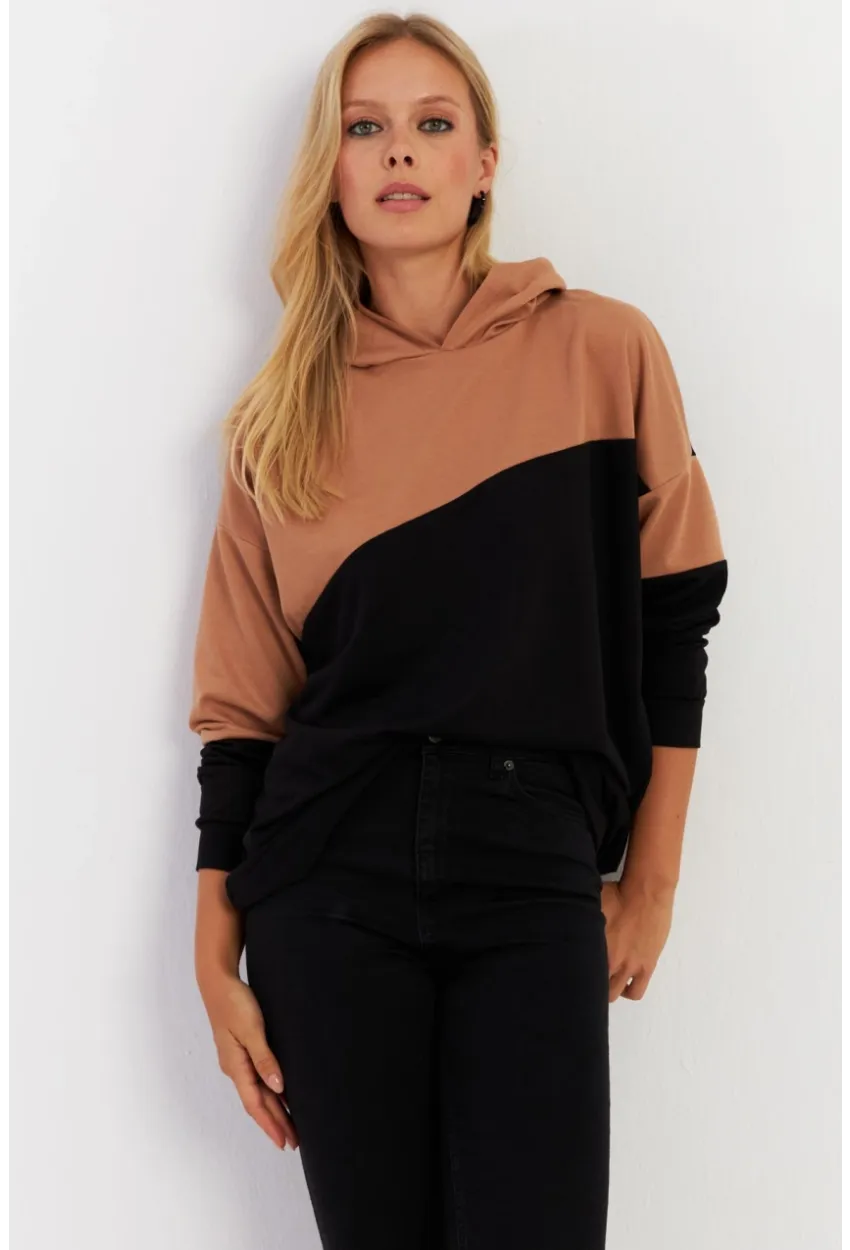Kadın Camel-Siyah Renk Bloklu Kapüşonlu Sweatshirt DA148