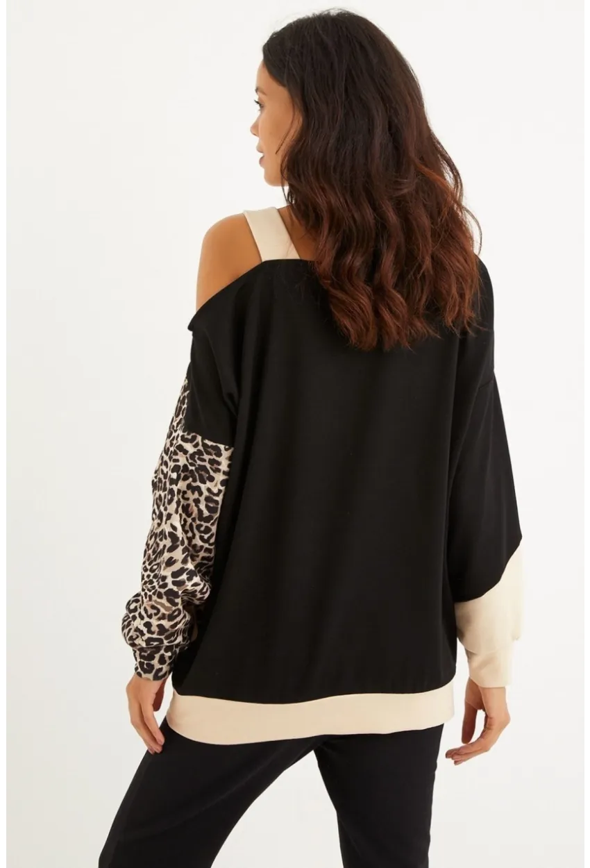Kadın Camel-Siyah Tek Omuz Leopar Desen Bloklu Sweatshirt MBK231066