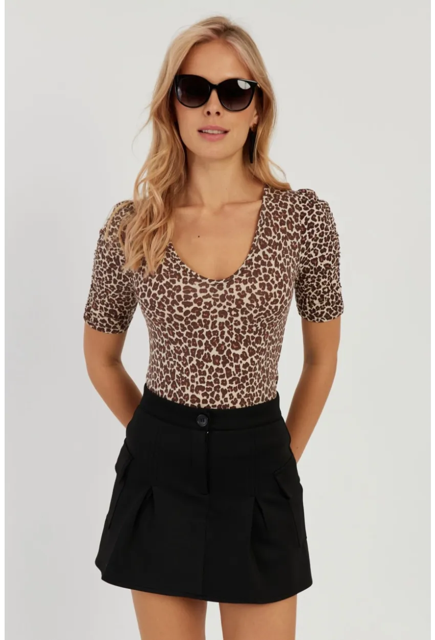Kadın Camel-Siyah V Yaka Leopar Bluz LPP1263