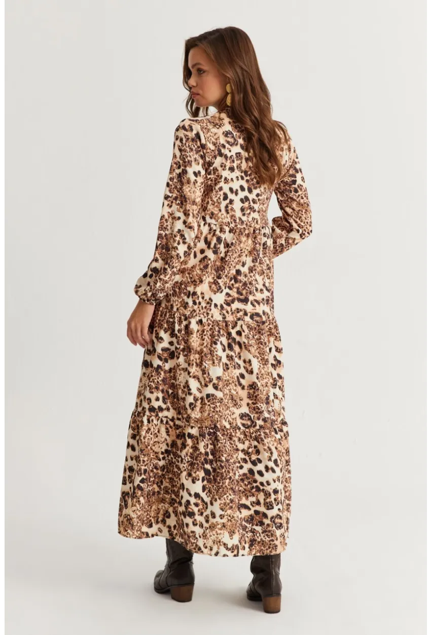 Kadın Camel-Siyah Volanlı Desenli Maxi Elbise YLE14