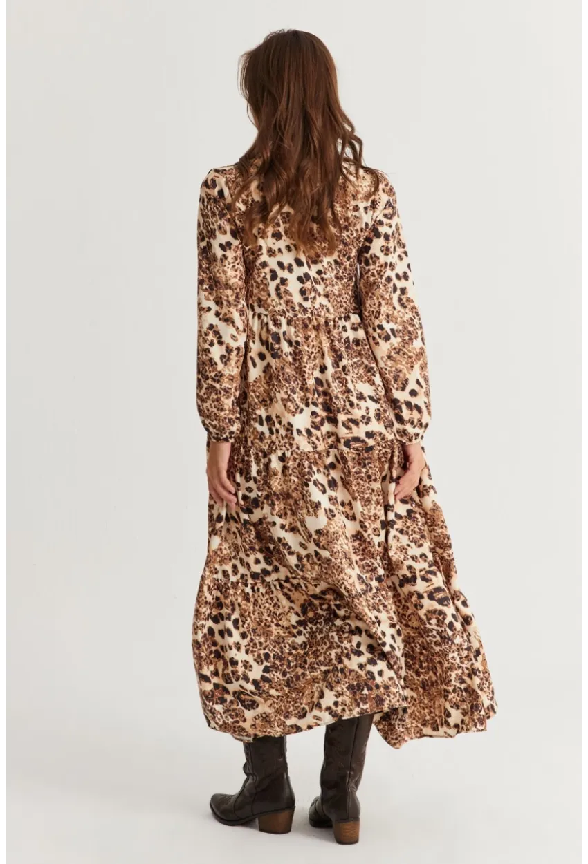 Kadın Camel-Siyah Volanlı Desenli Maxi Elbise YLE14