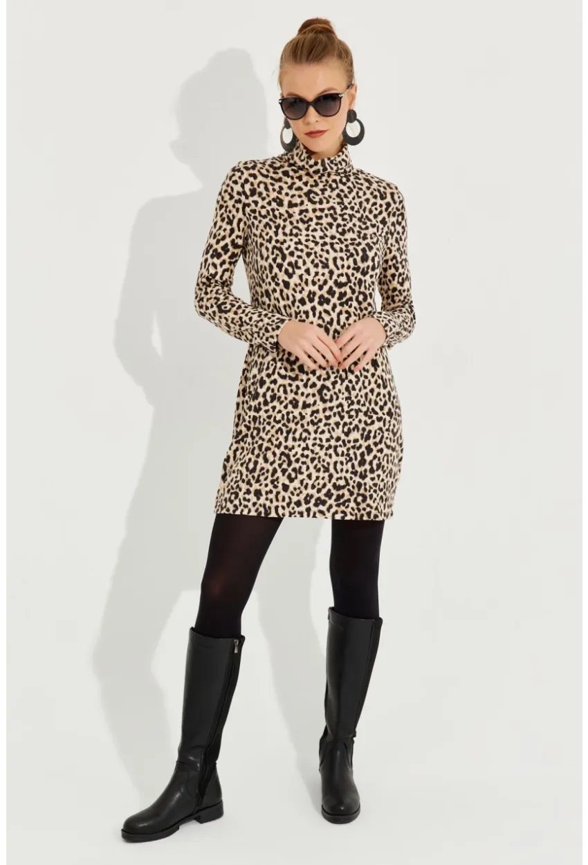 Kadın Camel-Siyah Yumoş Leopar Mini Elbise AYD253