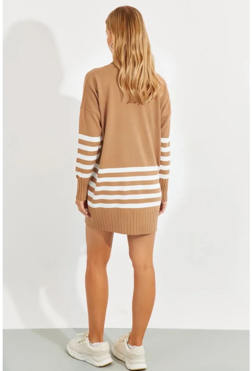 Kadın Camel Triko Çizgili Tunik YV202
