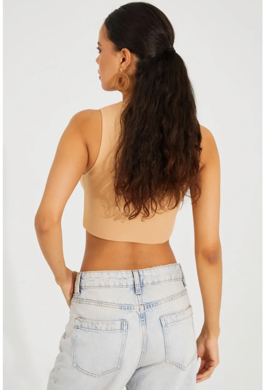 Kadın Camel Triko Crop Triko Bluz KZ2447