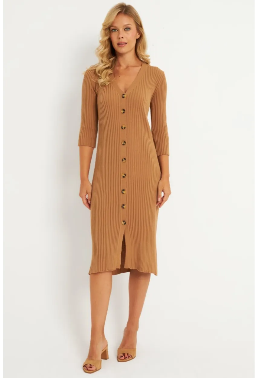 Kadın Camel Triko Midi Gömlek Elbise YV274