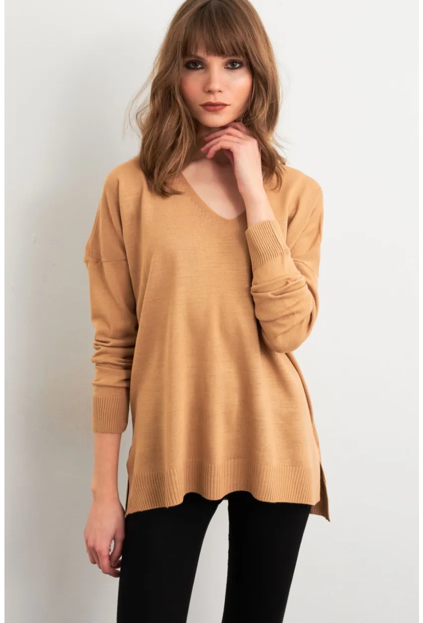 Kadın Camel V Yaka Triko Kazak YİL549