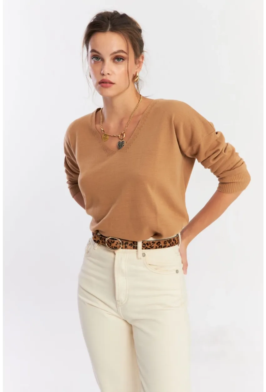 Kadın Camel V Yaka Yalaş Triko Bluz YİL552