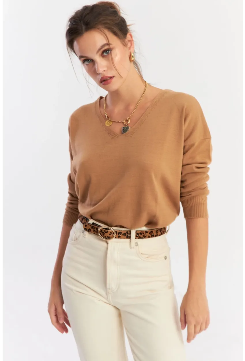 Kadın Camel V Yaka Yalaş Triko Bluz YİL552