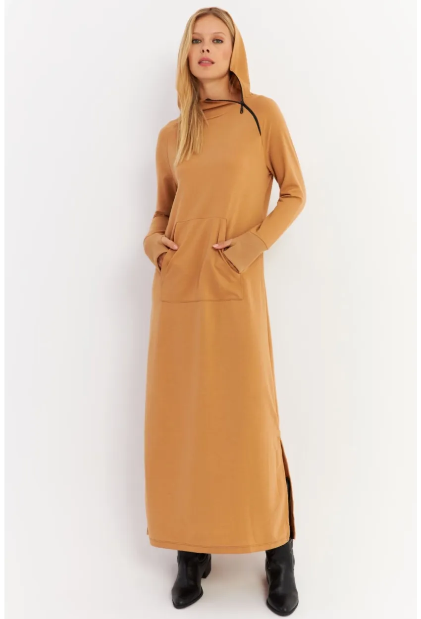 Kadın Camel Yakası Fermuarlı Maxi Sweat Elbise TF12
