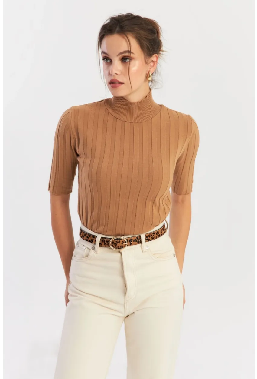 Kadın Camel Yarım Balıkçı Triko Bluz YV287