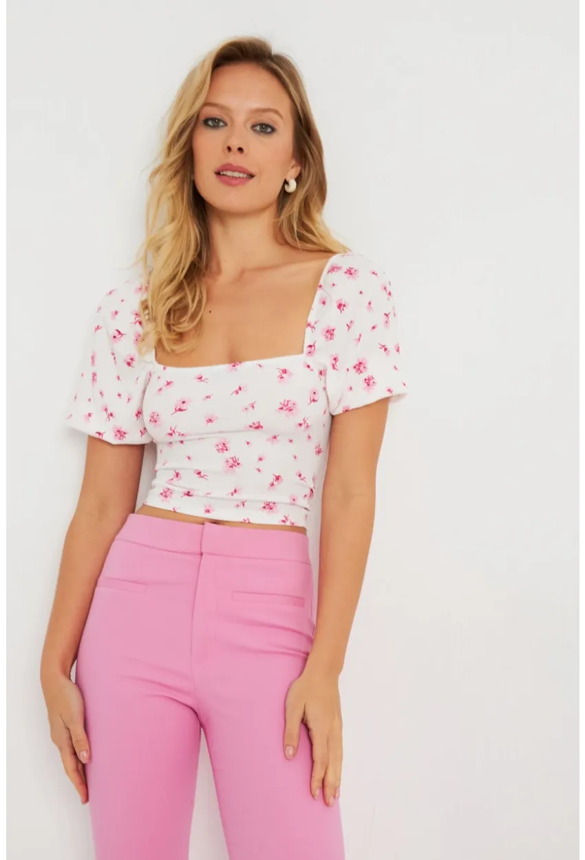 Kadın Çiçekli Crop Bluz Beyaz AYD270