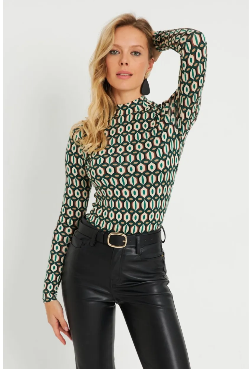 Kadın Desenli Bluz Ekru-Yeşil AYD288