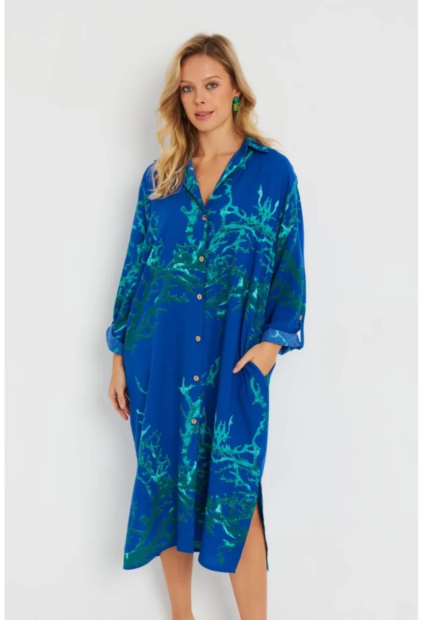 Kadın Desenli Gömlek Elbise Saks LV174